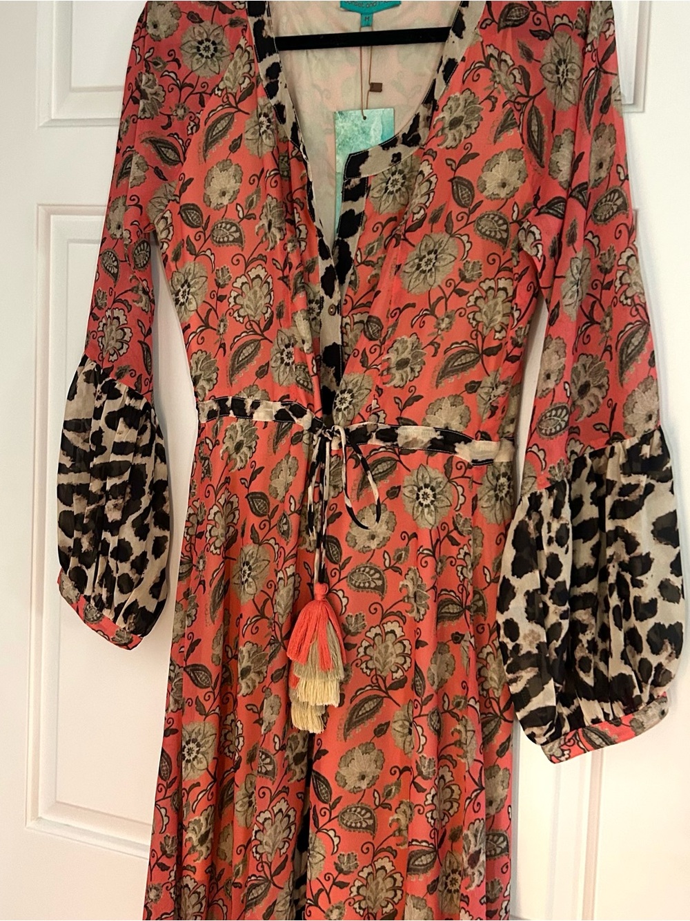 Boho Floral Maxi Dress with Tassel Tie - Coral/Beige